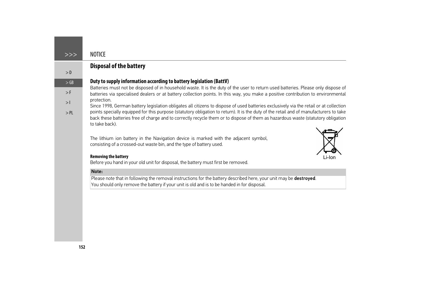 Disposal of the battery, Removing the battery | Becker revo.2 User Manual | Page 152 / 155