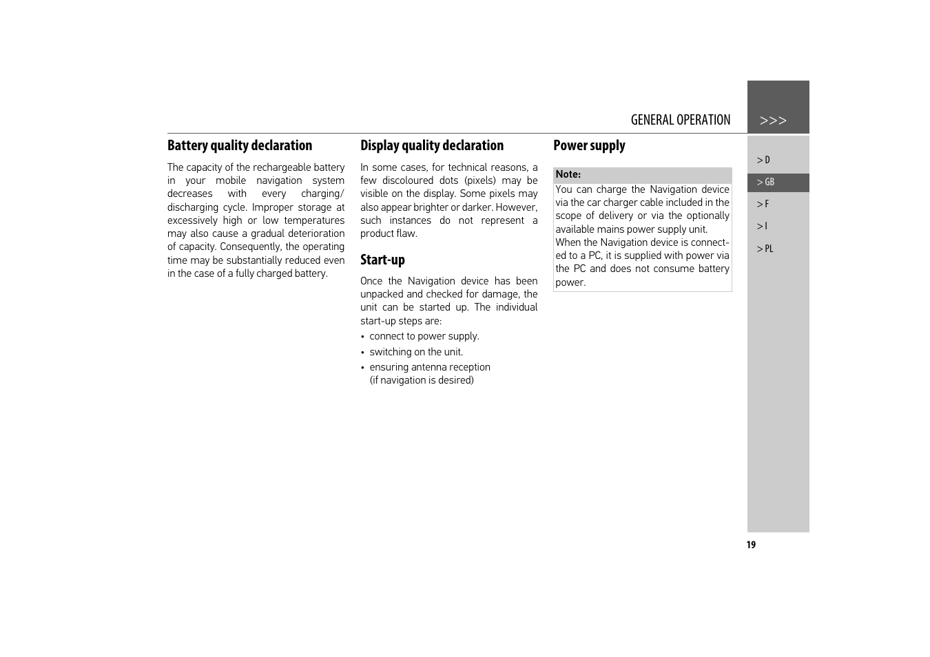 Battery quality declaration, Display quality declaration, Start-up | Power supply | Becker revo.2 User Manual | Page 19 / 155