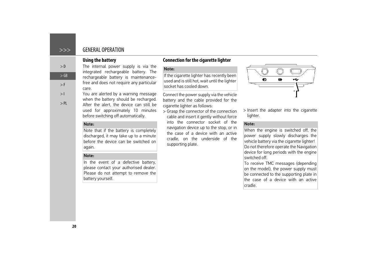 Using the battery, Connection for the cigarette lighter, General operation | Becker revo.2 User Manual | Page 20 / 155