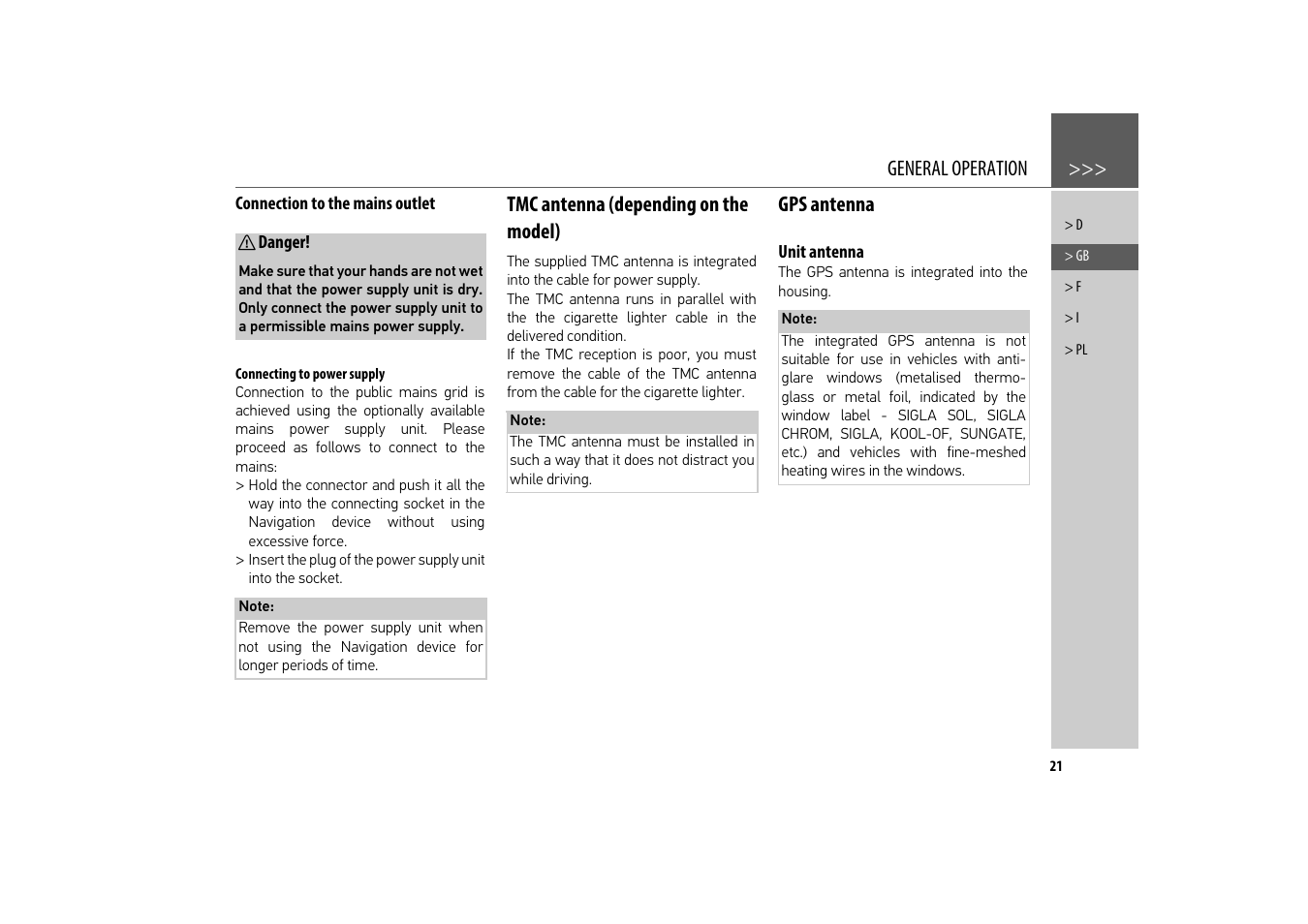 Connection to the mains outlet, Connecting to power supply, Tmc antenna (depending on the model) | Gps antenna, Unit antenna | Becker revo.2 User Manual | Page 21 / 155