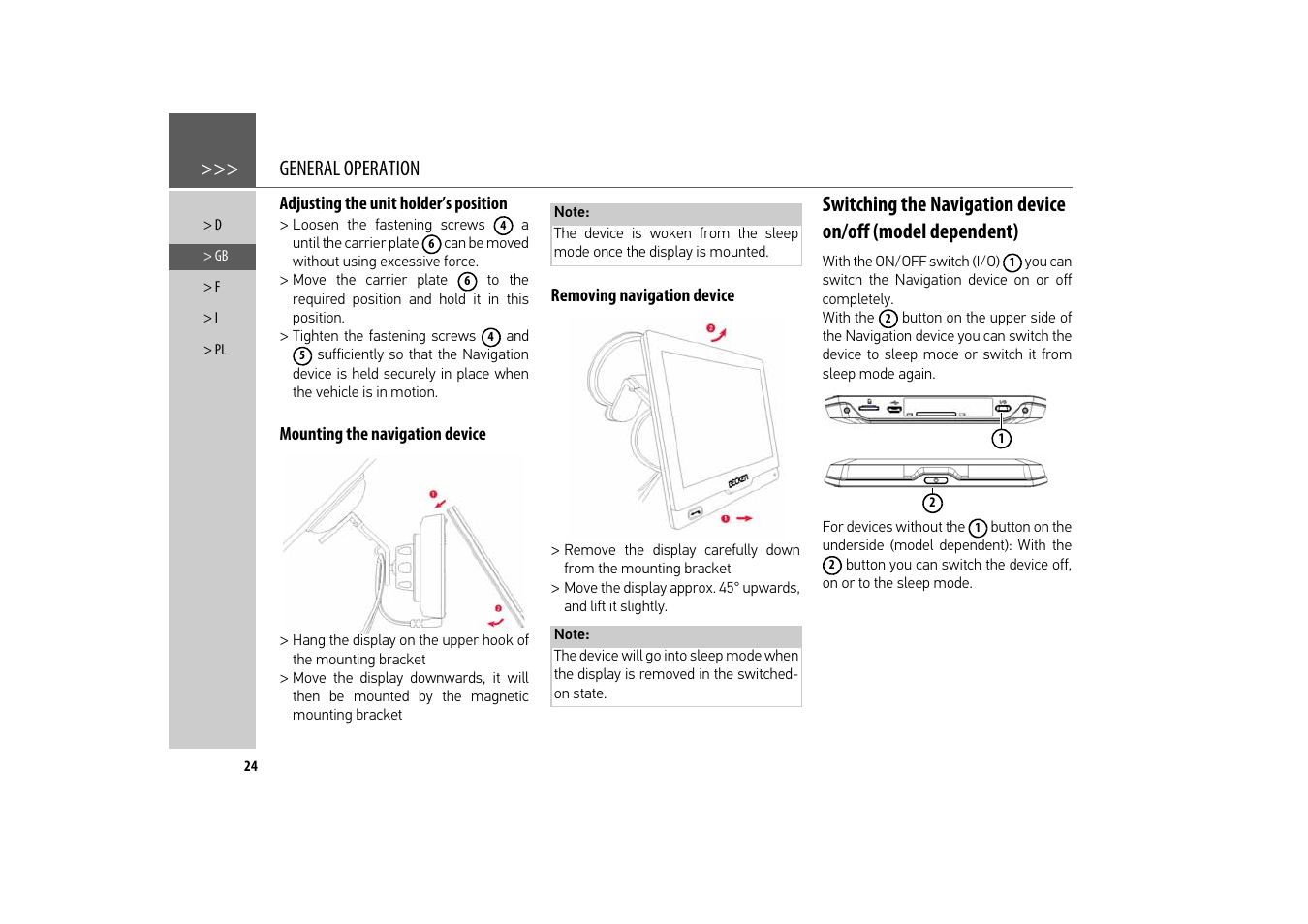 Adjusting the unit holder’s position, Mounting the navigation device, Removing navigation device | Switching the na, General operation | Becker revo.2 User Manual | Page 24 / 155