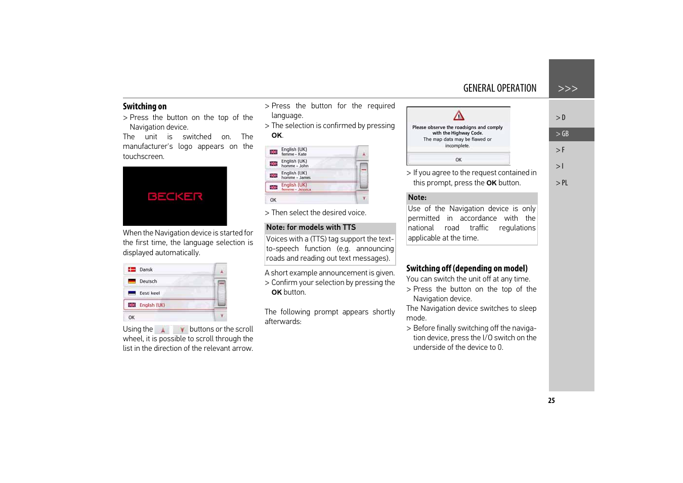 Switching on, Switching off (depending on model), General operation | Becker revo.2 User Manual | Page 25 / 155