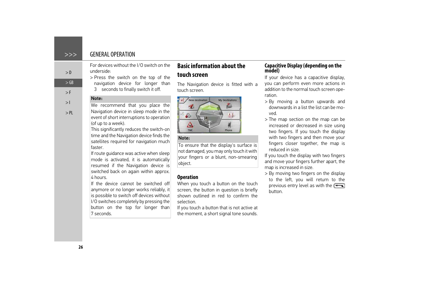 Basic information about the touch screen, Operation, Capacitive display (depending on the model) | Becker revo.2 User Manual | Page 26 / 155