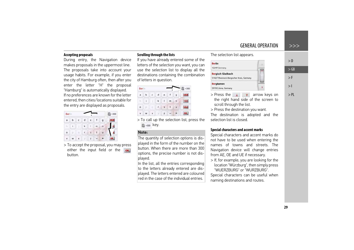 Accepting proposals, Scrolling through the lists, Special characters and accent marks | General operation | Becker revo.2 User Manual | Page 29 / 155