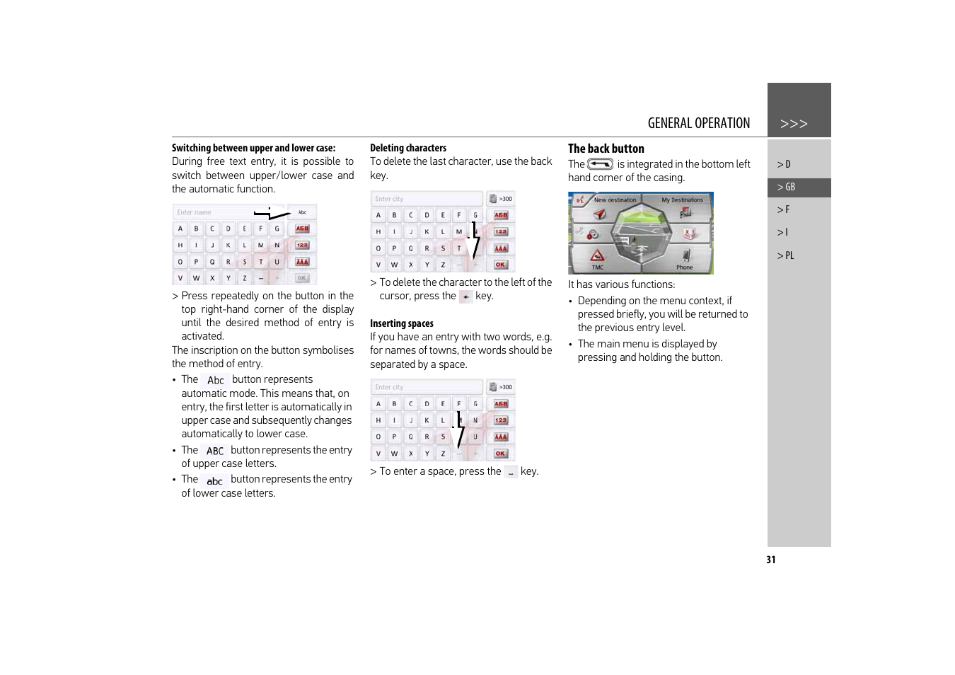 Switching between upper and lower case, Deleting characters, Inserting spaces | The back button, General operation | Becker revo.2 User Manual | Page 31 / 155