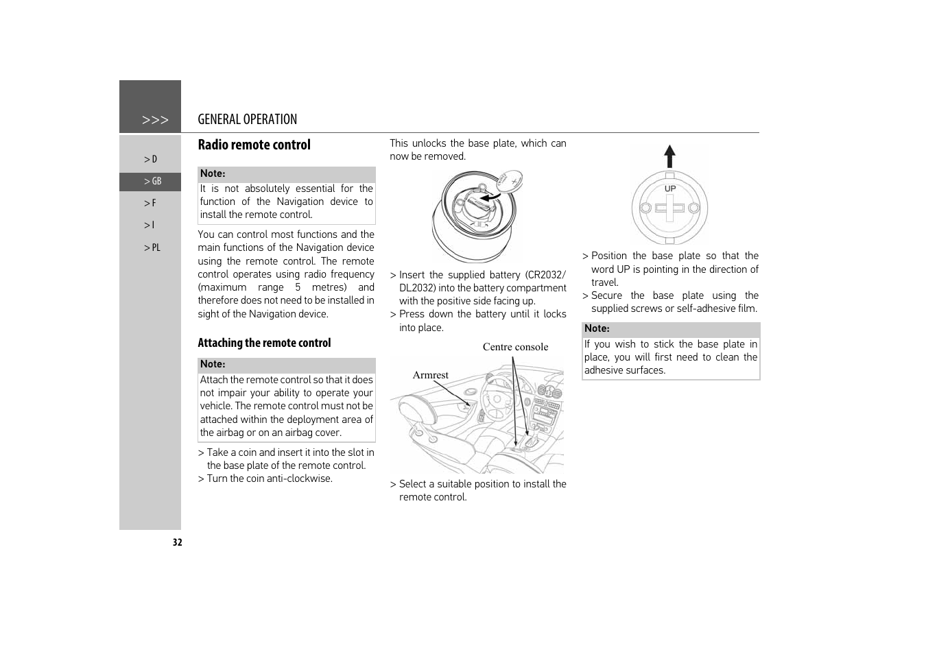 Radio remote control, Attaching the remote control, General operation | Becker revo.2 User Manual | Page 32 / 155