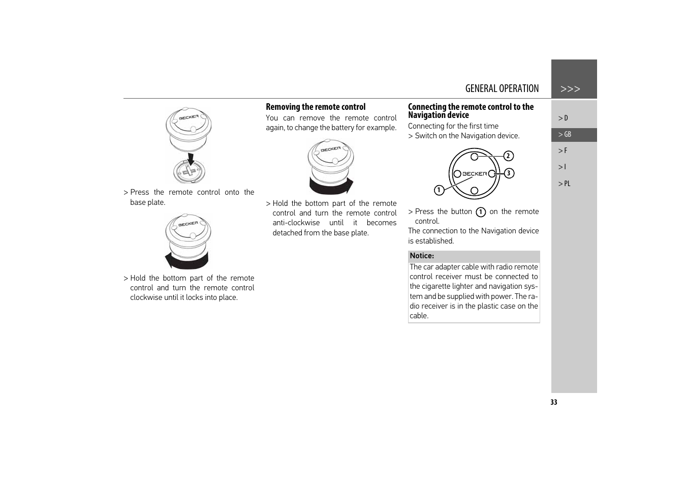 Removing the remote control, Connecting the remote control to the, General operation | Becker revo.2 User Manual | Page 33 / 155