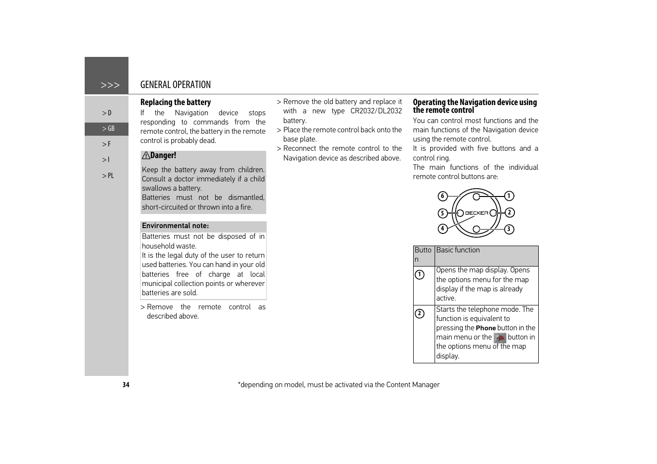 Replacing the battery, Operating the, General operation | Becker revo.2 User Manual | Page 34 / 155