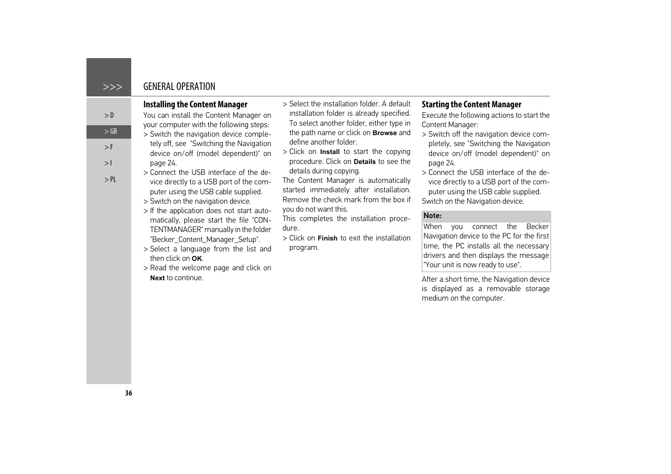 Installing the content manager, Starting the content manager, General operation | Becker revo.2 User Manual | Page 36 / 155