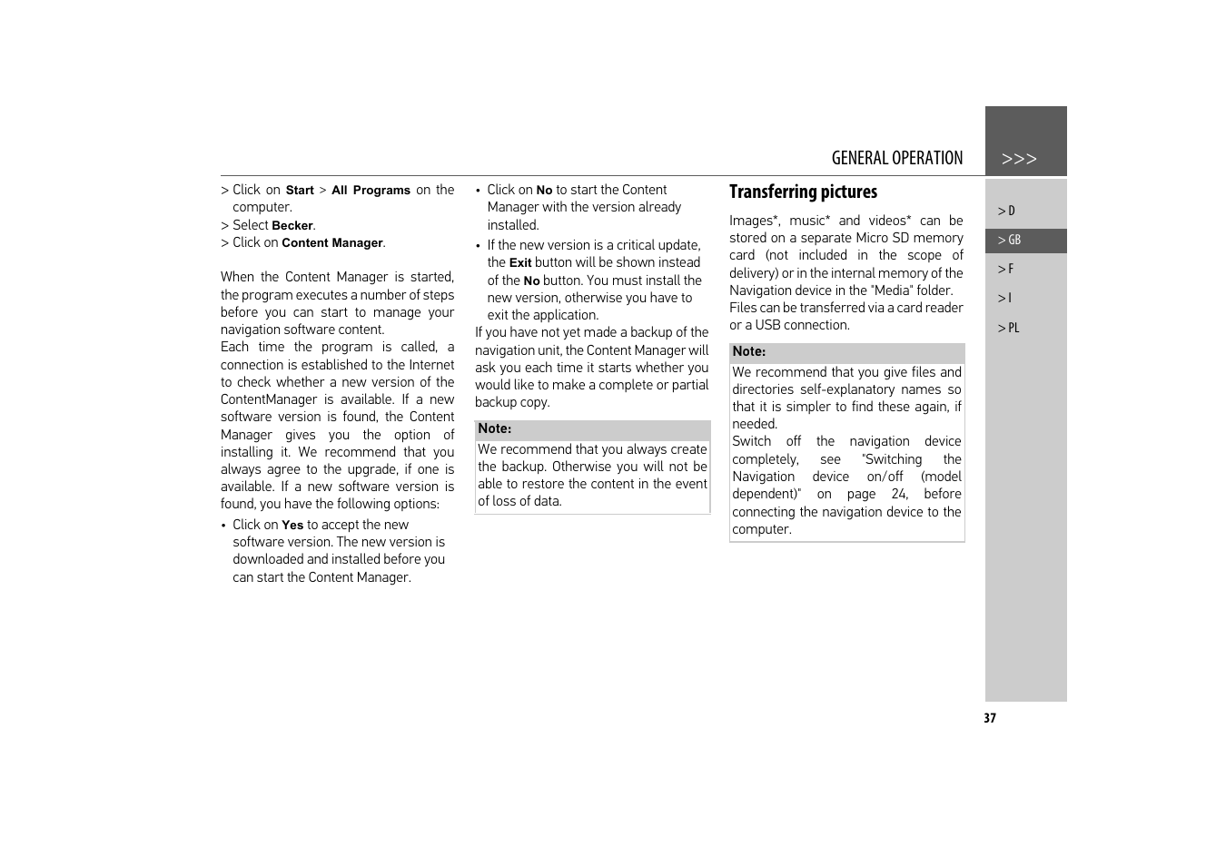 Transferring pictures, General operation | Becker revo.2 User Manual | Page 37 / 155