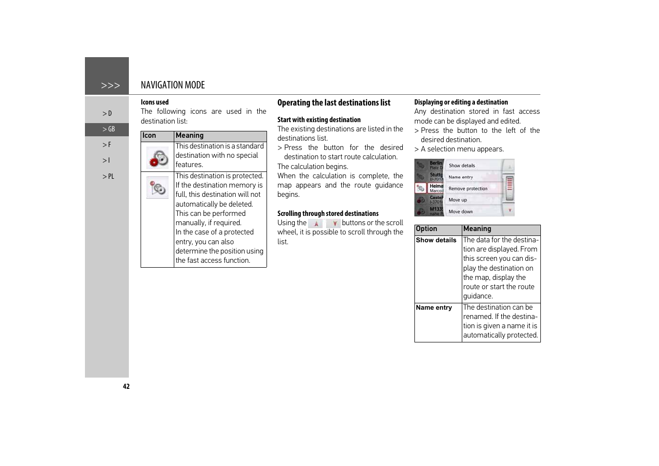 Icons used, Operating the last destinations list, Start with existing destination | Scrolling through stored destinations, Displaying or editing a destination, Navigation mode | Becker revo.2 User Manual | Page 42 / 155