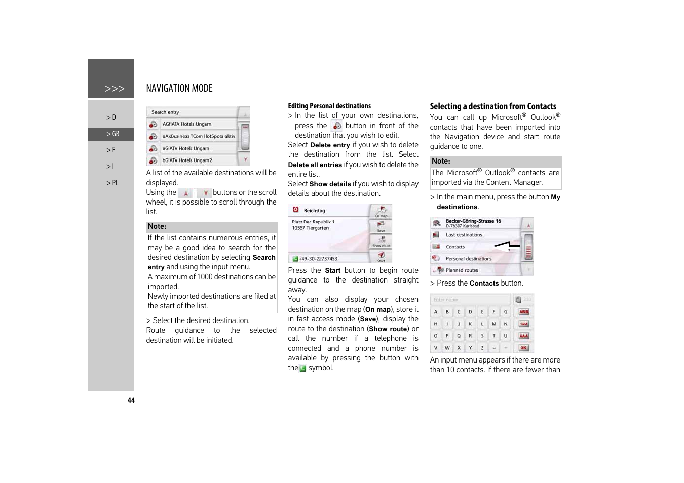 Editing personal destinations, Selecting a destination from contacts, See "selecting a destination from | Navigation mode | Becker revo.2 User Manual | Page 44 / 155