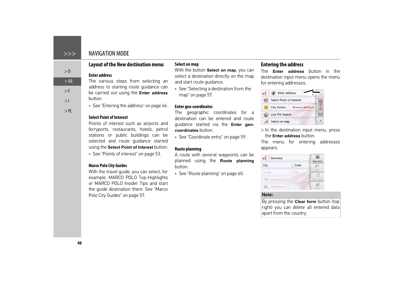 Layout of the new destination menu, Enter address, Select point of interest | Marco polo city guides, Select on map, Enter geo-coordinates, Route planning, Entering the address, Navigation mode | Becker revo.2 User Manual | Page 46 / 155