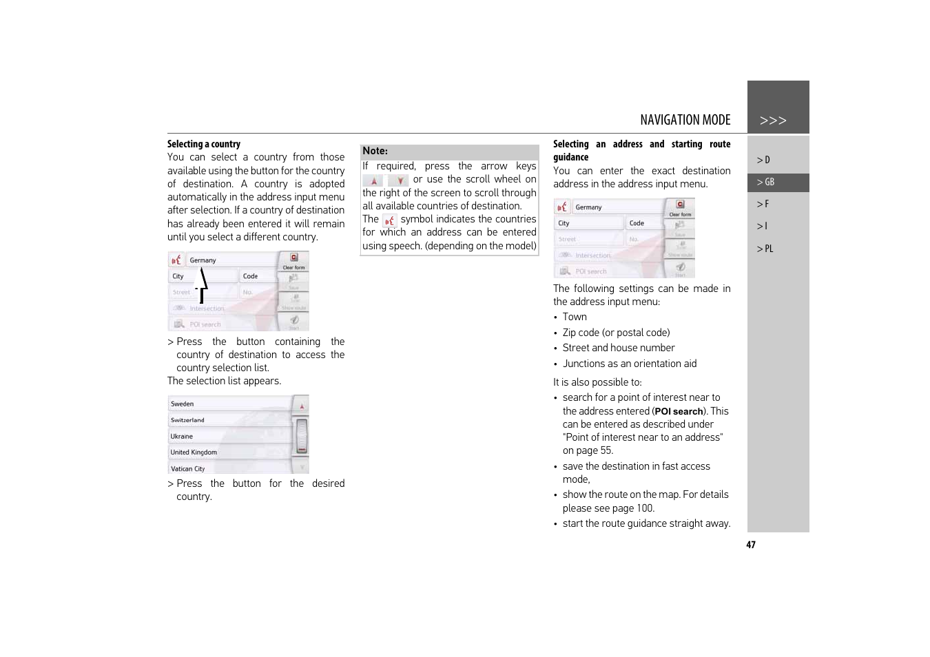 Selecting a country, Selecting an address and starting route guidance, Navigation mode | Becker revo.2 User Manual | Page 47 / 155