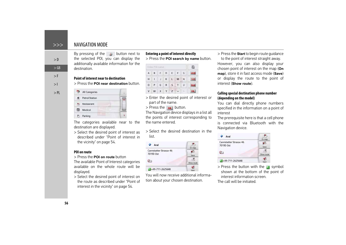 Point of interest near to destination, Poi on route, Entering a point of interest directly | Navigation mode | Becker revo.2 User Manual | Page 56 / 155