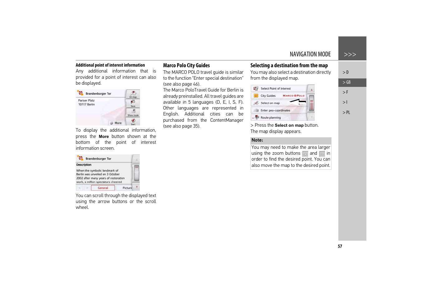 Additional point of interest information, Marco polo city guides, Selecting a destination from the map | See "selecting a destination from the, Navigation mode | Becker revo.2 User Manual | Page 57 / 155