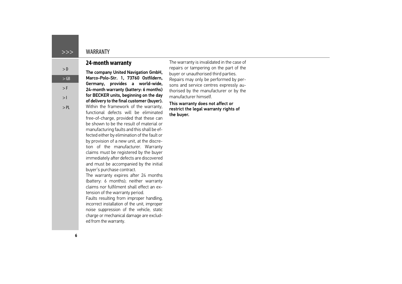 Month warranty, Warranty | Becker revo.2 User Manual | Page 6 / 155