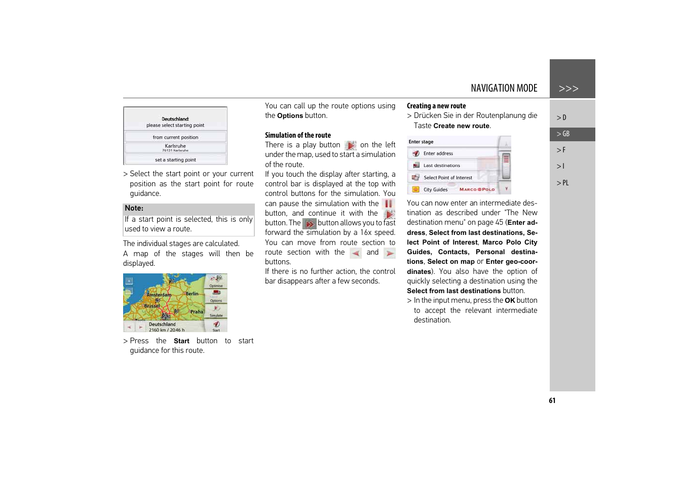 Simulation of the route, Creating a new route, Navigation mode | Becker revo.2 User Manual | Page 61 / 155