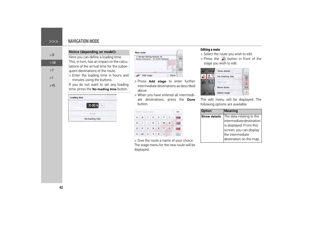 Editing a route, Navigation mode | Becker revo.2 User Manual | Page 62 / 155