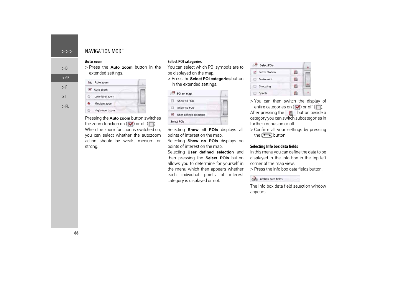 Auto zoom, Select poi categories, Selecting info box data fields | Navigation mode | Becker revo.2 User Manual | Page 66 / 155