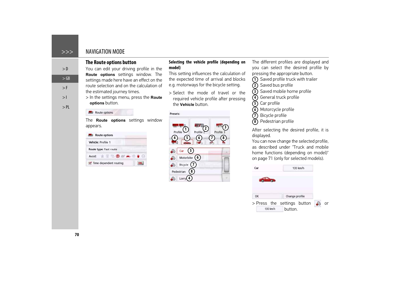 The route options button, Selecting the vehicle profile (depending on model), Navigation mode | Becker revo.2 User Manual | Page 70 / 155