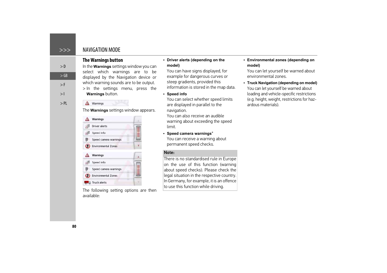 The warnings button, Navigation mode | Becker revo.2 User Manual | Page 80 / 155