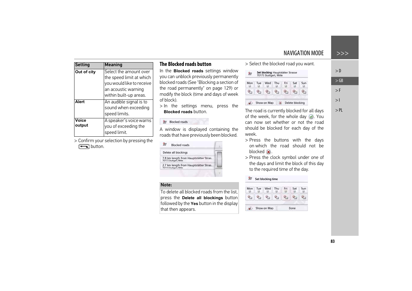 The blocked roads button, Navigation mode | Becker revo.2 User Manual | Page 83 / 155