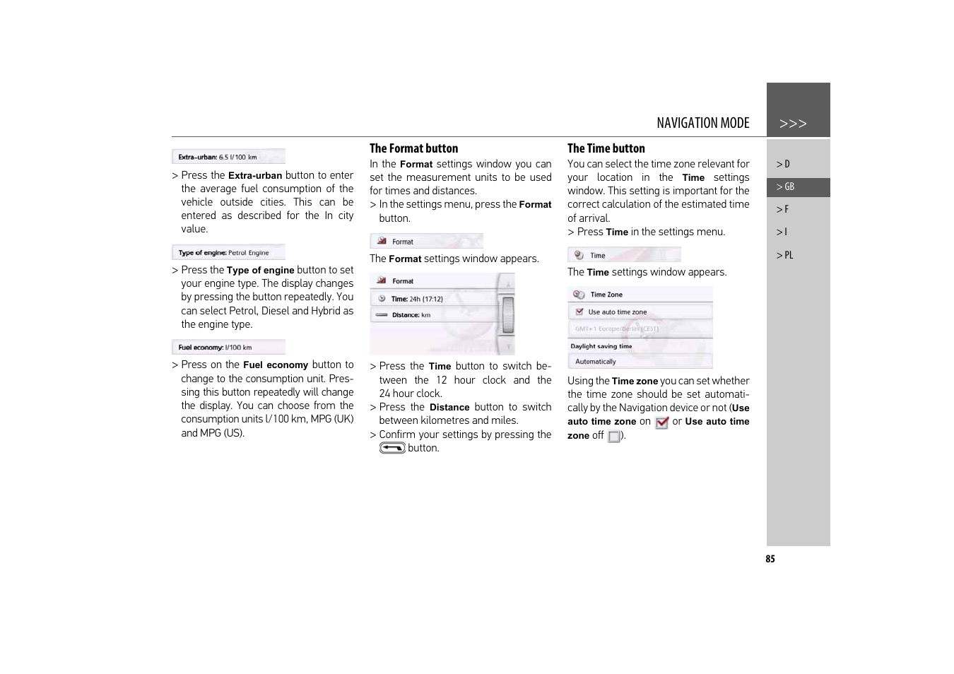 The format button, The time button, Navigation mode | Becker revo.2 User Manual | Page 85 / 155