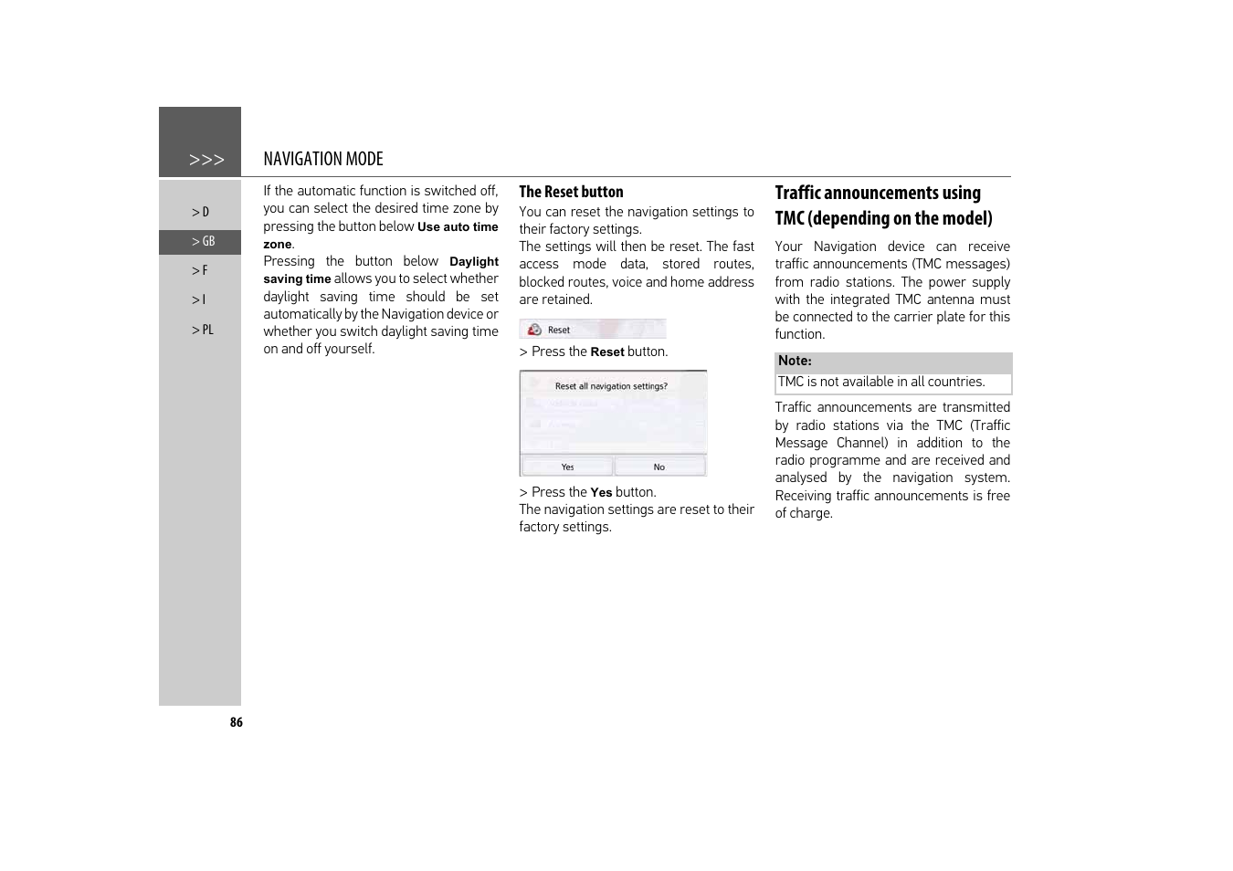 The reset button, Navigation mode | Becker revo.2 User Manual | Page 86 / 155