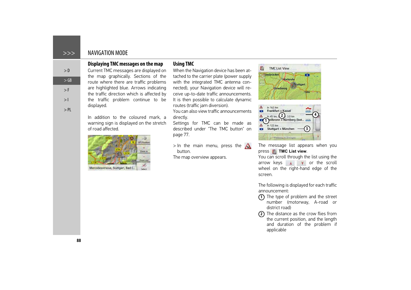 Displaying tmc messages on the map, Using tmc, Displaying tmc messages on the map 88 using tmc | Navigation mode | Becker revo.2 User Manual | Page 88 / 155