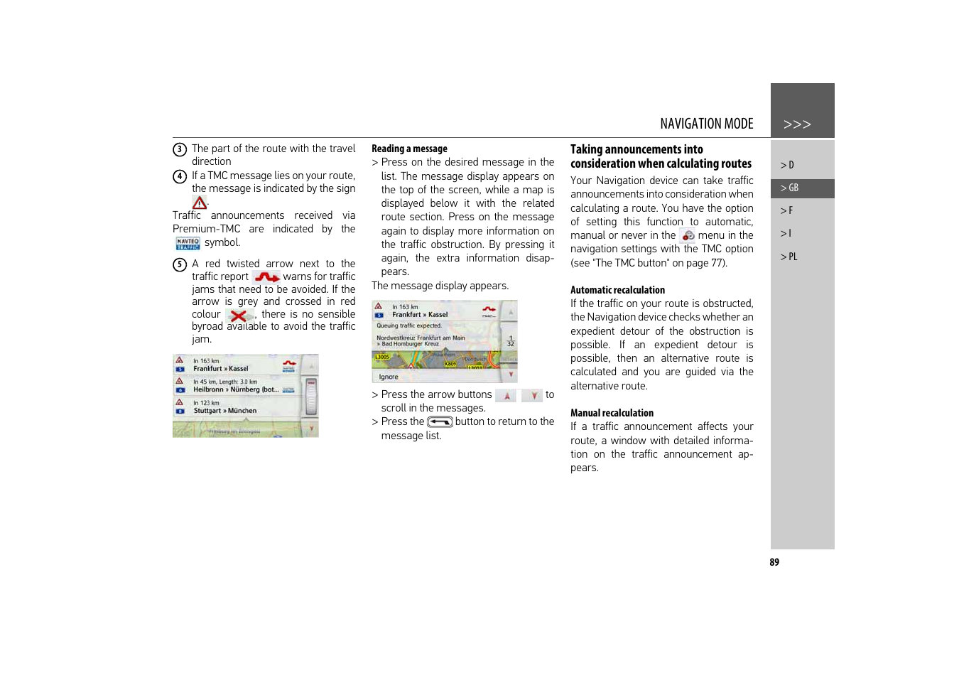 Reading a message, Automatic recalculation, Manual recalculation | Navigation mode | Becker revo.2 User Manual | Page 89 / 155