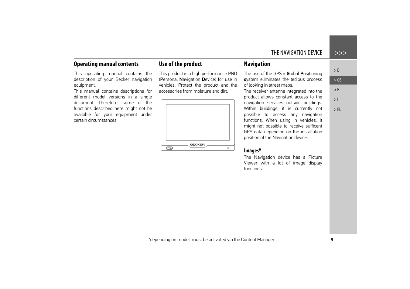 The navigation device, Operating manual contents, Use of the product | Navigation, Images | Becker revo.2 User Manual | Page 9 / 155