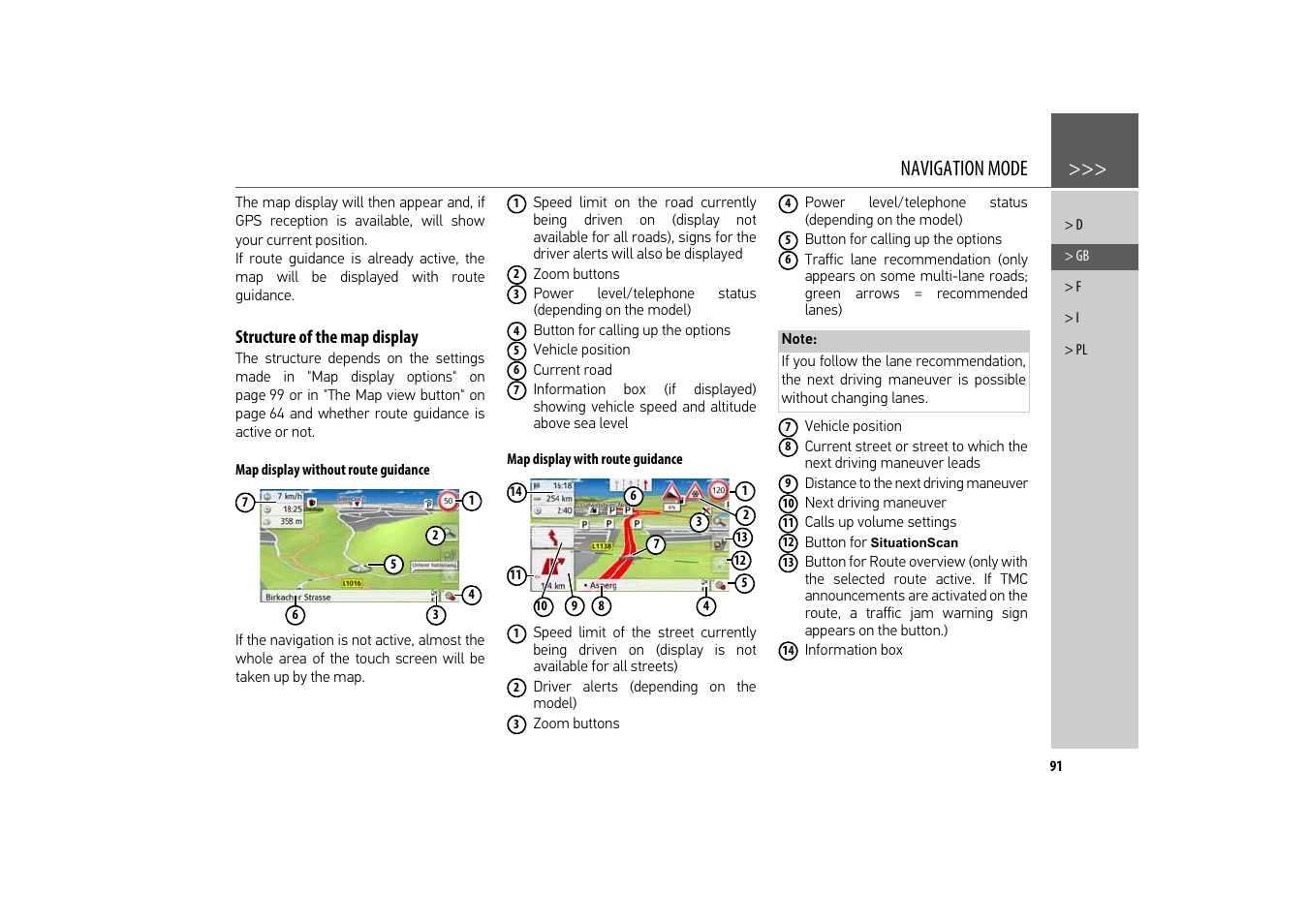 Structure of the map display, Map display without route guidance, Map display with route guidance | Navigation mode | Becker revo.2 User Manual | Page 91 / 155