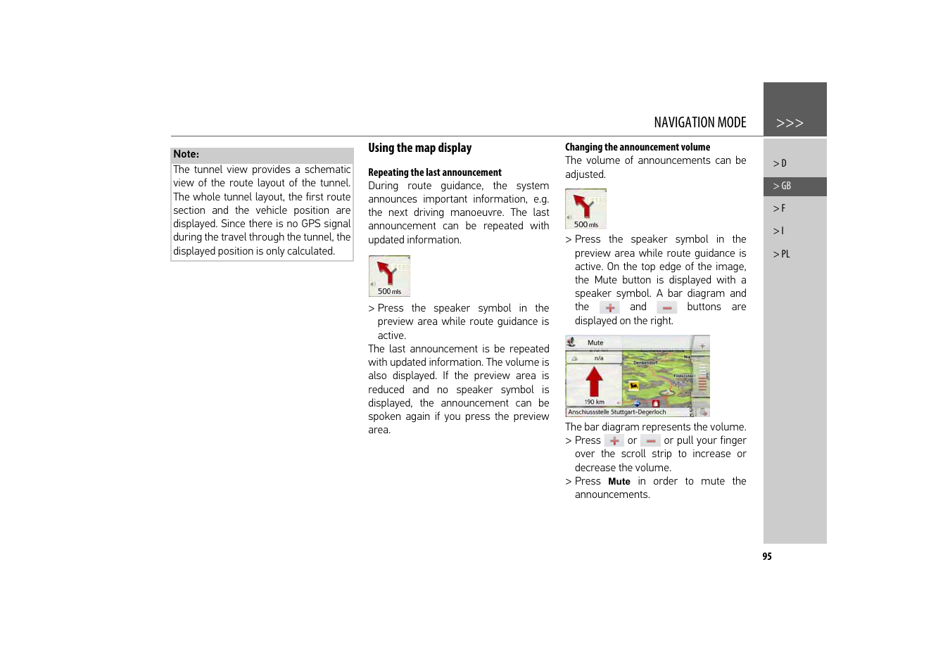 Using the map display, Repeating the last announcement, Changing the announcement volume | Navigation mode | Becker revo.2 User Manual | Page 95 / 155