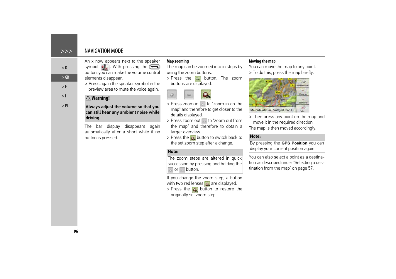 Map zooming, Moving the map, Navigation mode | Becker revo.2 User Manual | Page 96 / 155