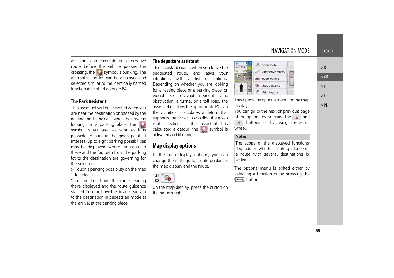 The park assistant, The departure assistant, Map display options | Navigation mode | Becker revo.2 User Manual | Page 99 / 155