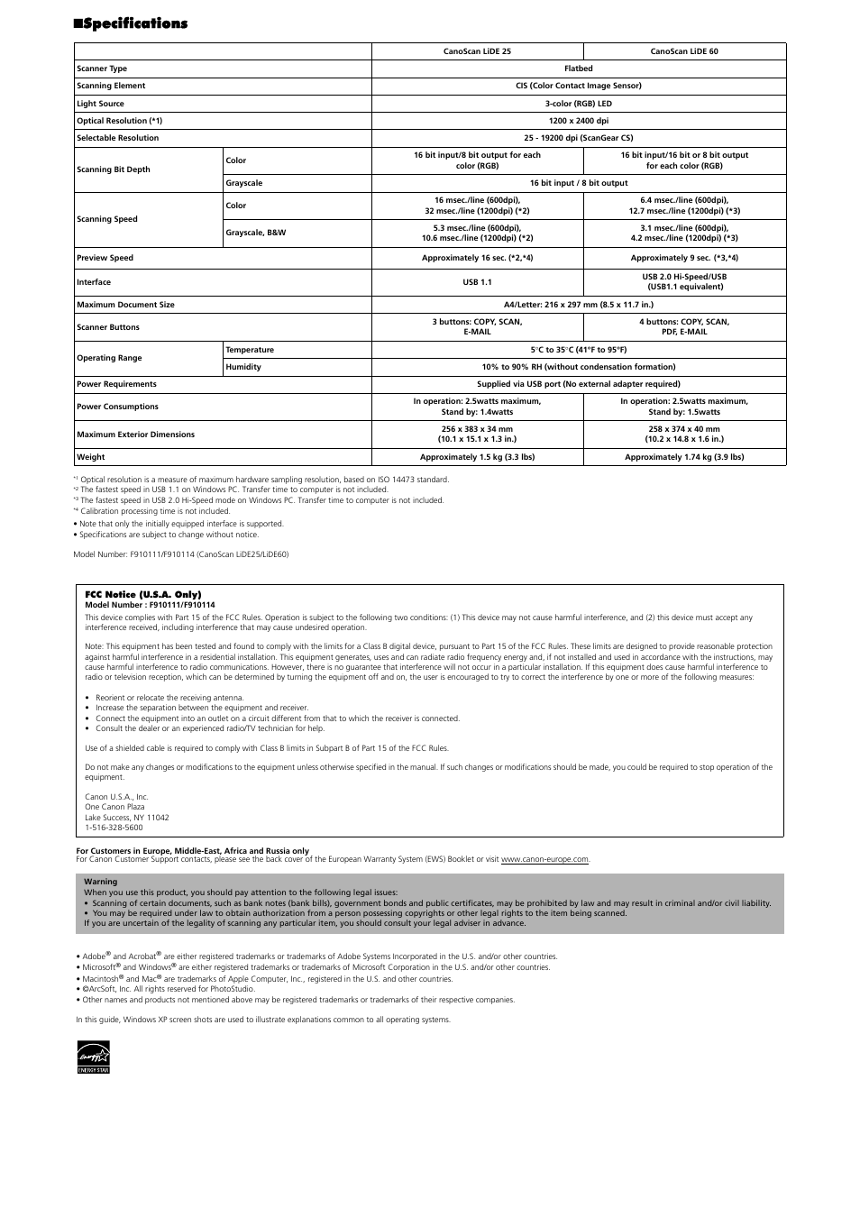 Specifications | Canon CanoScan LiDE60 User Manual | Page 2 / 2