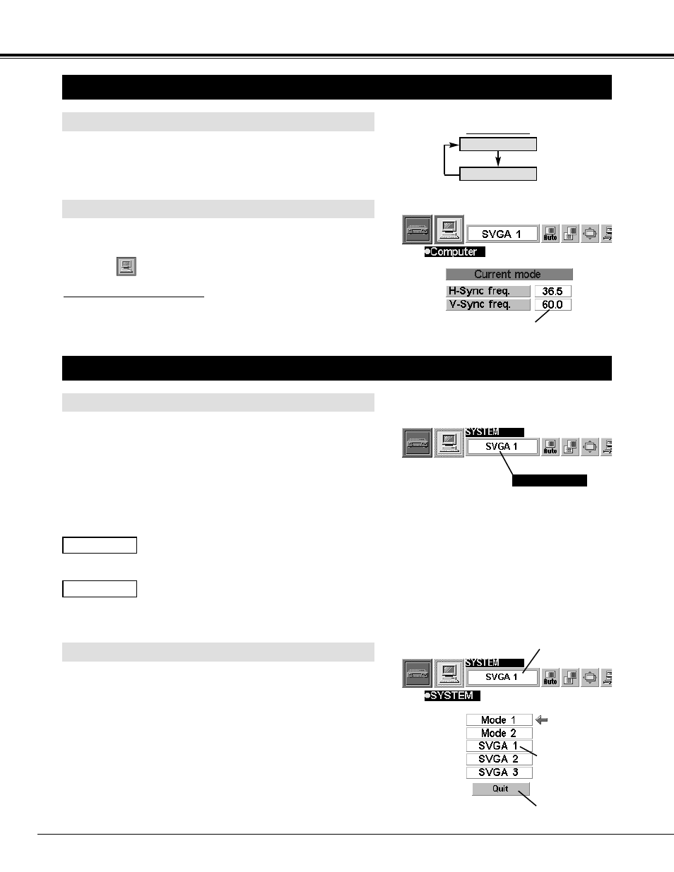 Computer mode, Selecting computer mode, Selecting computer system | Menu operation, Automatic multi-scan system, Select computer system manually, Direct operation | Canon LV 5100 User Manual | Page 22 / 40