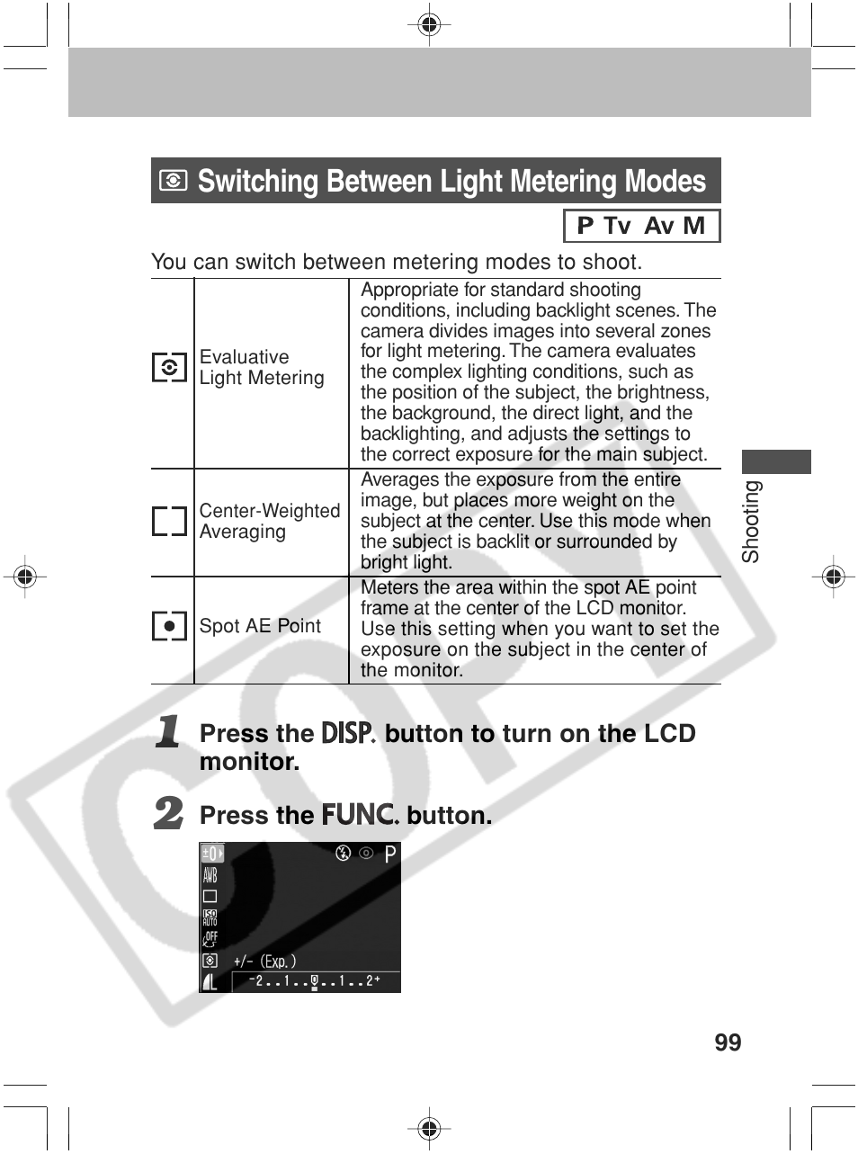 Switching between light metering modes | Canon SC A60 User Manual | Page 103 / 230