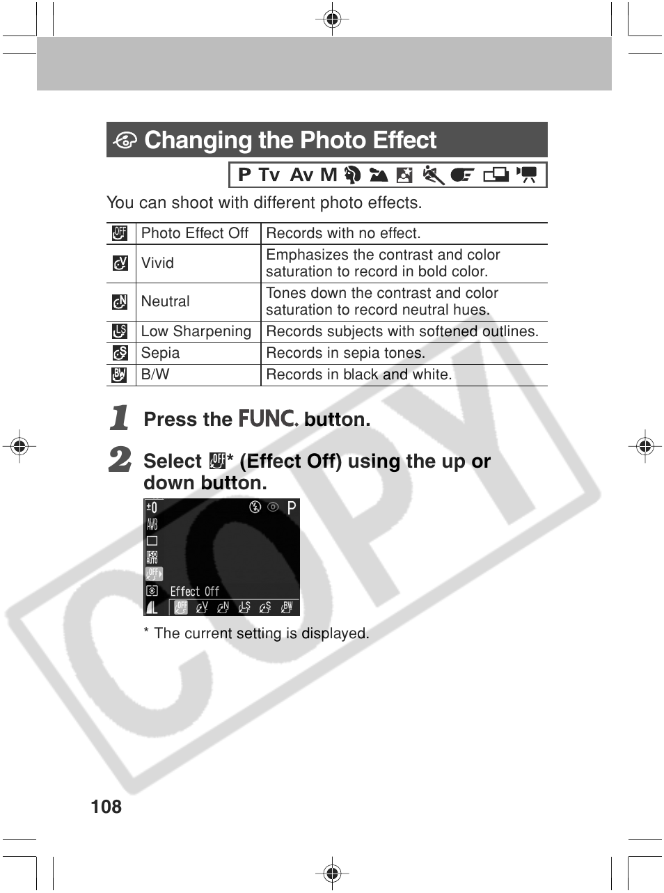 Changing the photo effect | Canon SC A60 User Manual | Page 112 / 230