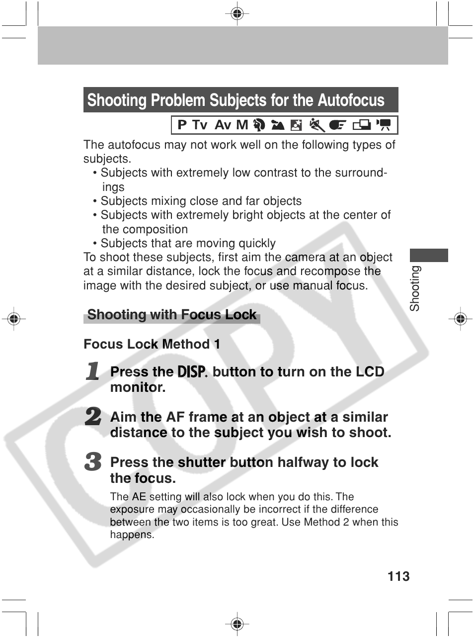 Shooting problem subjects for the autofocus | Canon SC A60 User Manual | Page 117 / 230