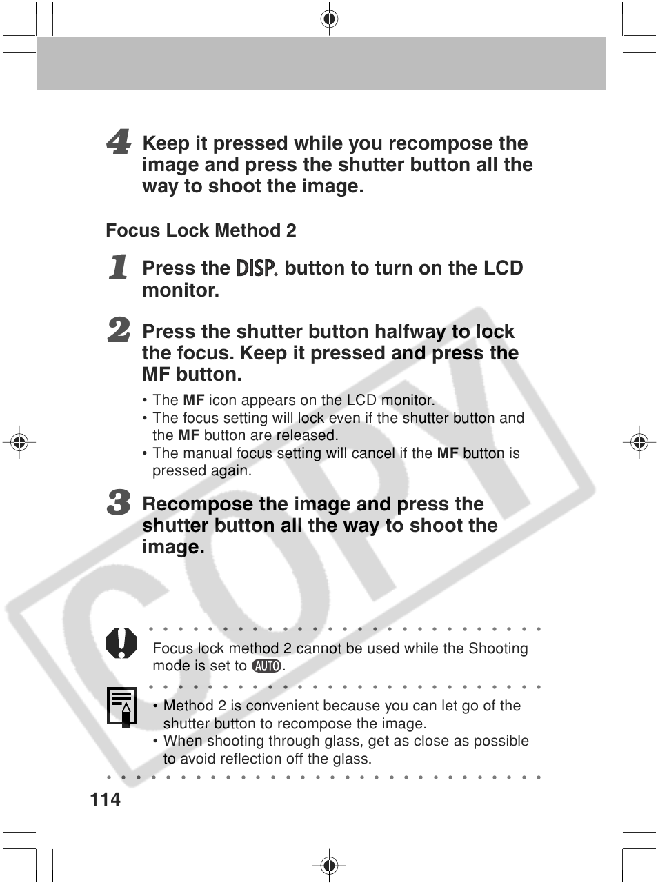 Press the button to turn on the lcd monitor, Focus lock method 2 | Canon SC A60 User Manual | Page 118 / 230