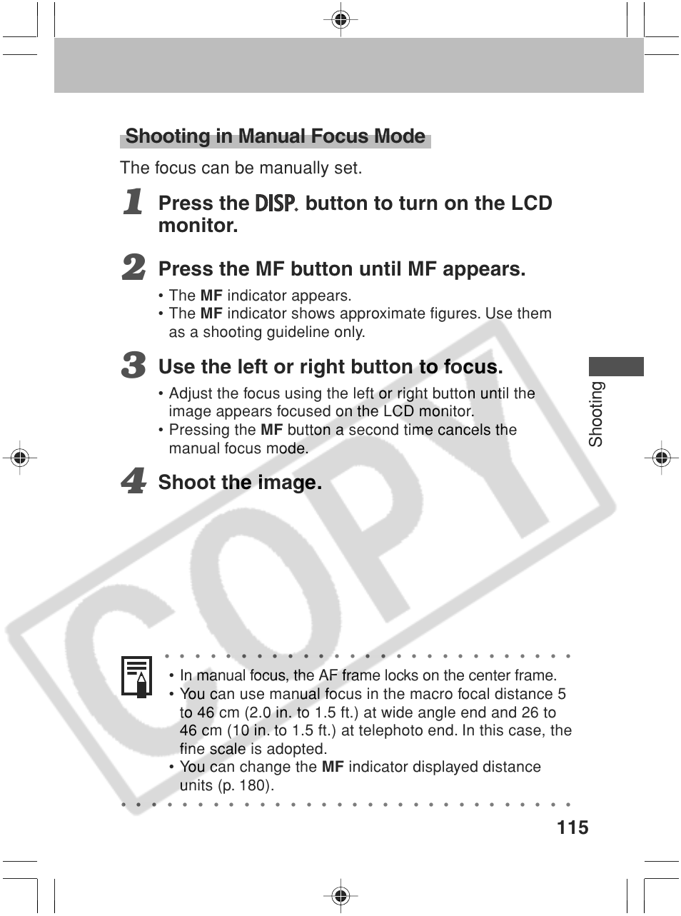 Shooting in manual focus mode, Press the button to turn on the lcd monitor, Press the mf button until mf appears | Use the left or right button to focus, Shoot the image, Shooting, The focus can be manually set | Canon SC A60 User Manual | Page 119 / 230