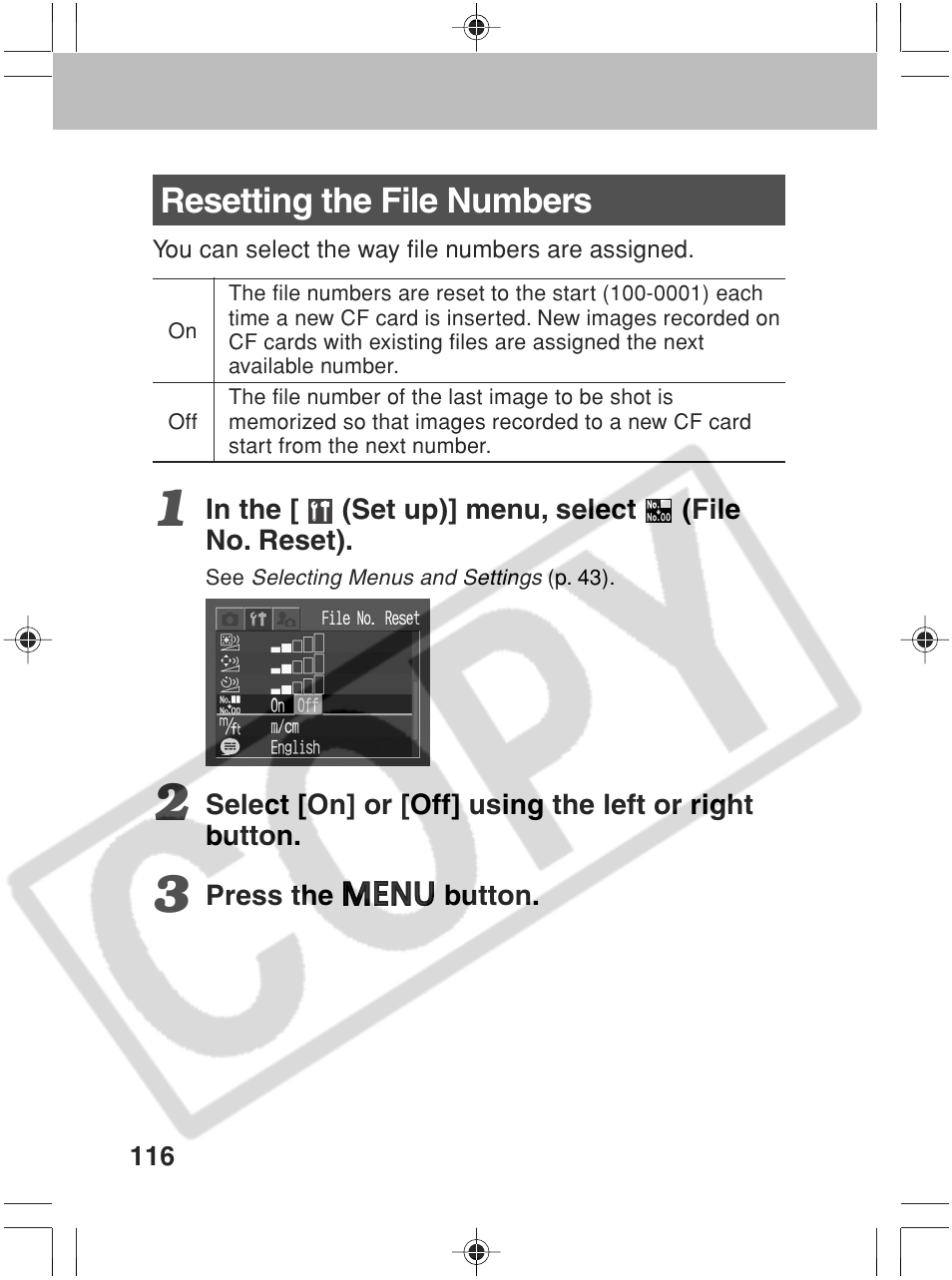 Resetting the file numbers | Canon SC A60 User Manual | Page 120 / 230