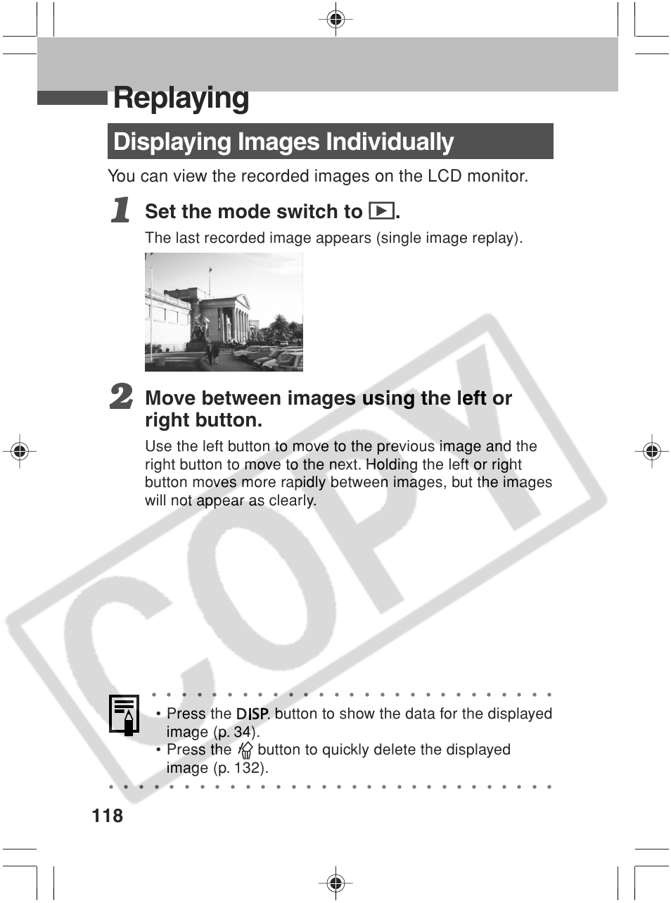 Replaying, Displaying images individually, Set the mode switch to | Move between images using the left or right button | Canon SC A60 User Manual | Page 122 / 230