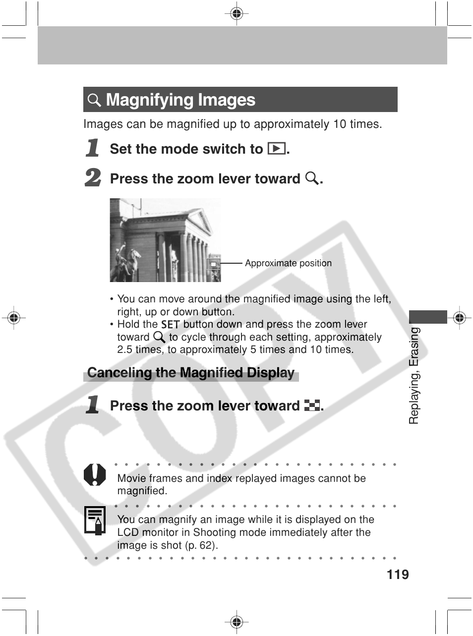 Magnifying images, Set the mode switch to, Press the zoom lever toward | Canceling the magnified display, Repla ying, er asing, Approximate position | Canon SC A60 User Manual | Page 123 / 230