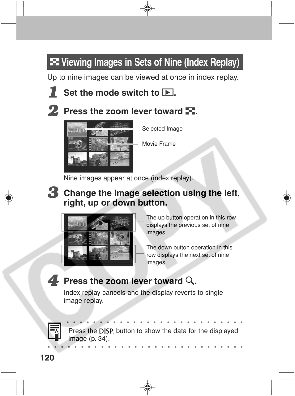 Viewing images in sets of nine (index replay), Set the mode switch to, Press the zoom lever toward | Nine images appear at once (index replay) | Canon SC A60 User Manual | Page 124 / 230