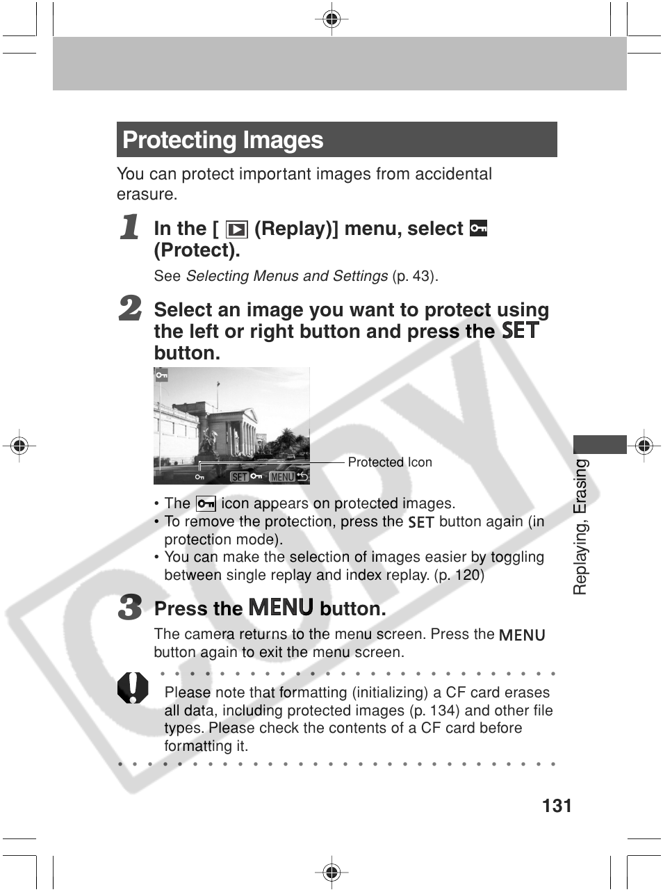 Protecting images, Press the button, Repla ying, er asing | Selecting menus and settings, P. 43), Protected icon | Canon SC A60 User Manual | Page 135 / 230