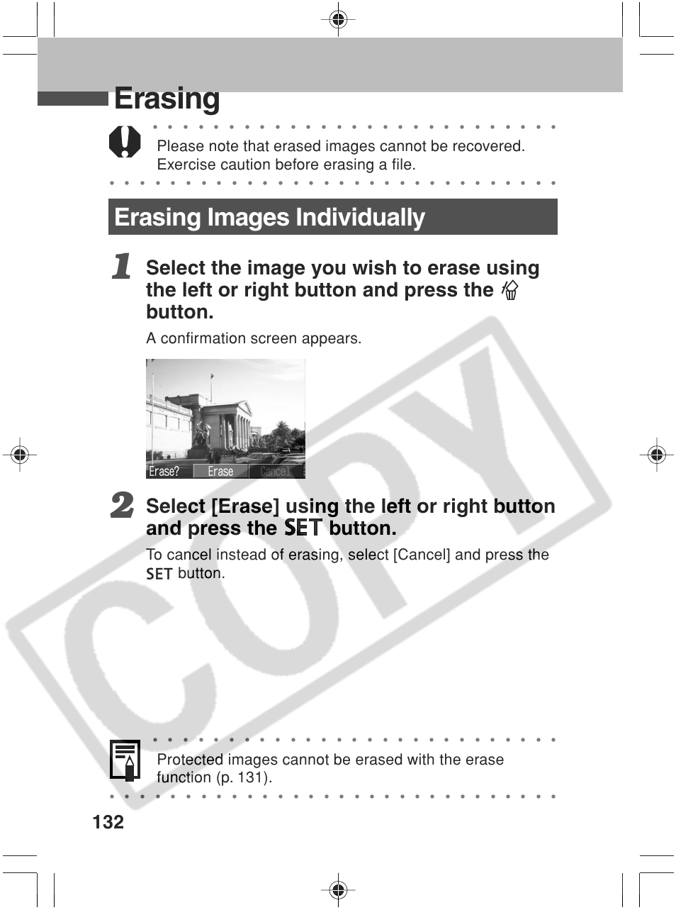 Erasing, Erasing images individually, A confirmation screen appears | Canon SC A60 User Manual | Page 136 / 230