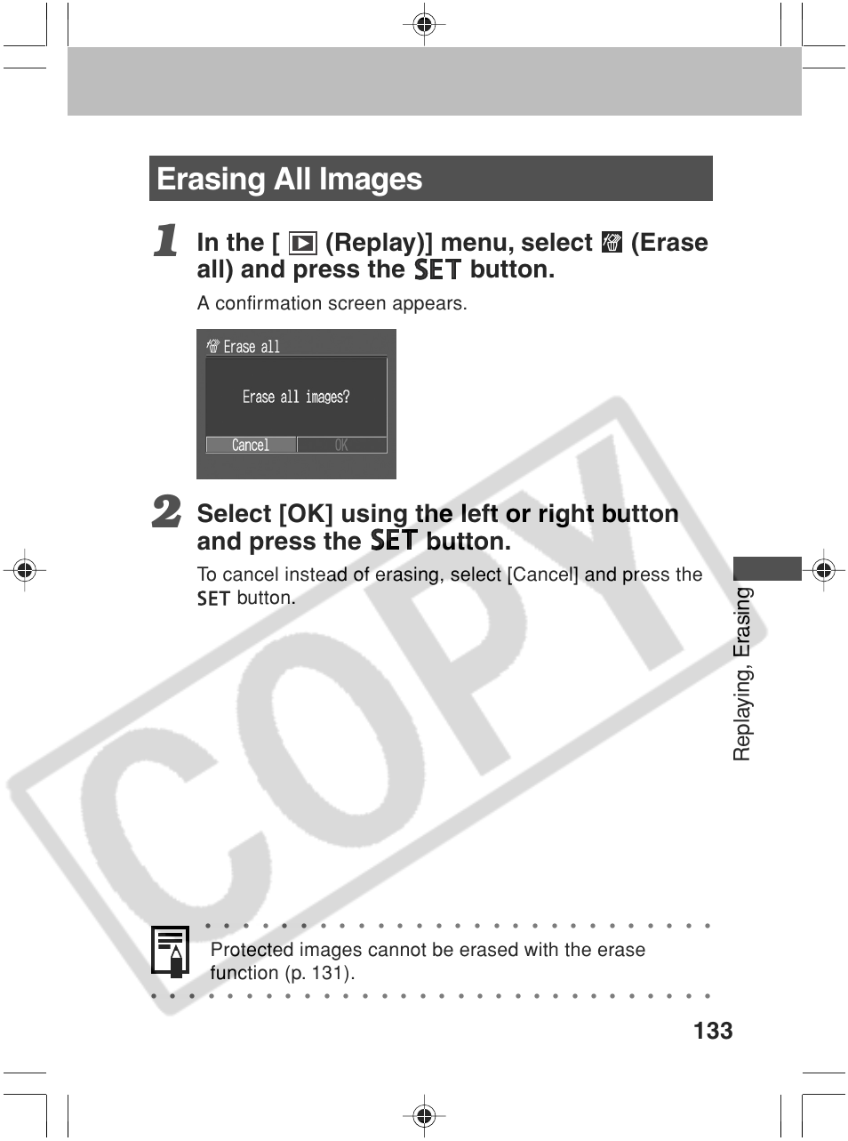 Erasing all images, Repla ying, er asing, A confirmation screen appears | Canon SC A60 User Manual | Page 137 / 230